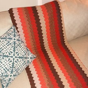 Handmade 70s Large Vintage Afghan Throw Blanket Brown/Tan/Orange/Red